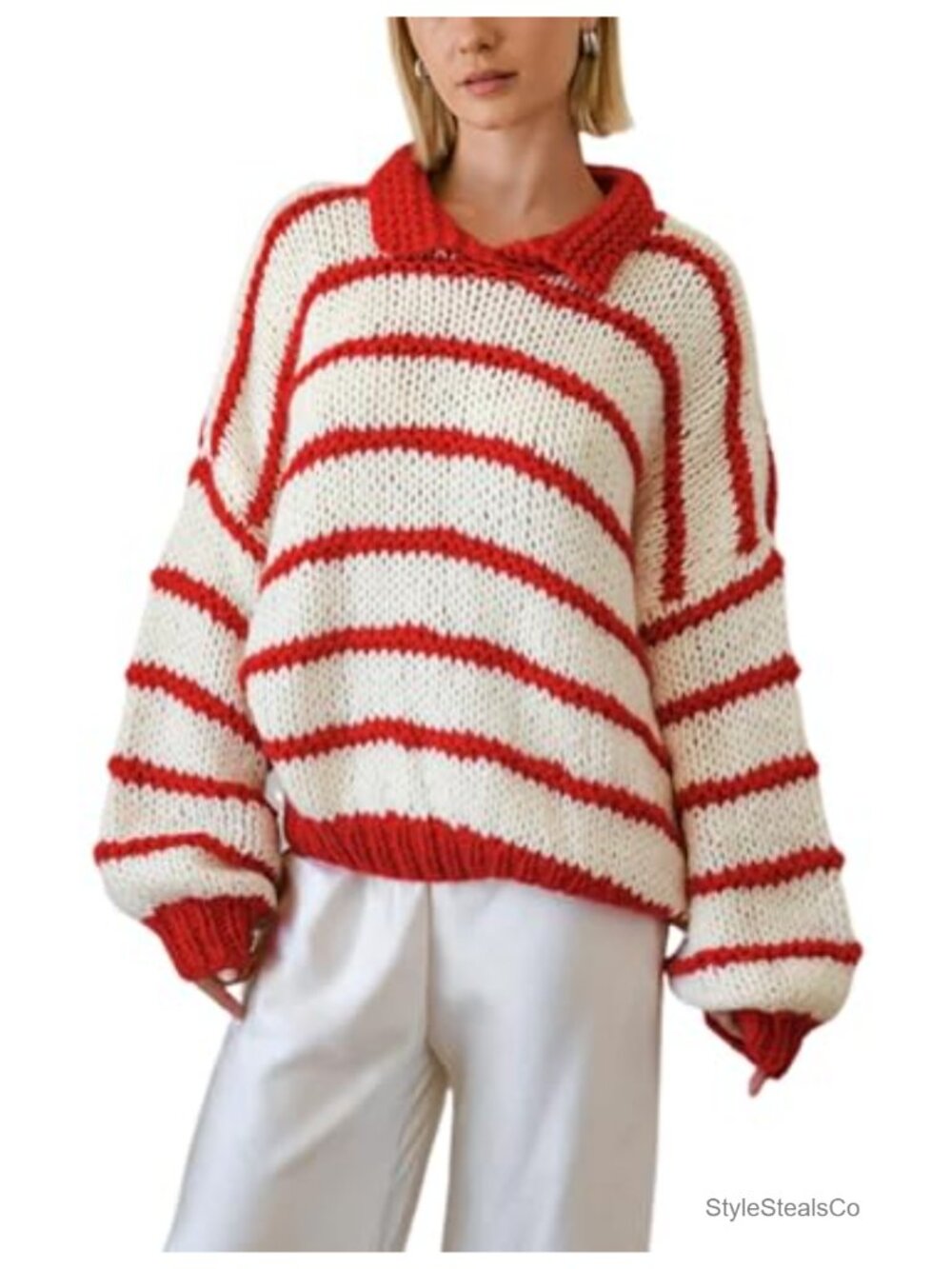 Womens Oversized Striped Knit Pullover Sweater Crewneck Balloon Sleeve